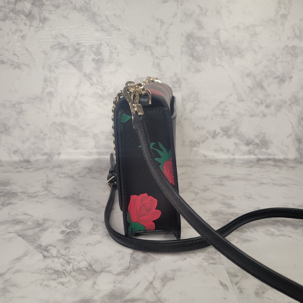 Kate Spade New York Rose Print Saffiano Leather Crossbody Bag Black Red Floral - Picture 4 of 13